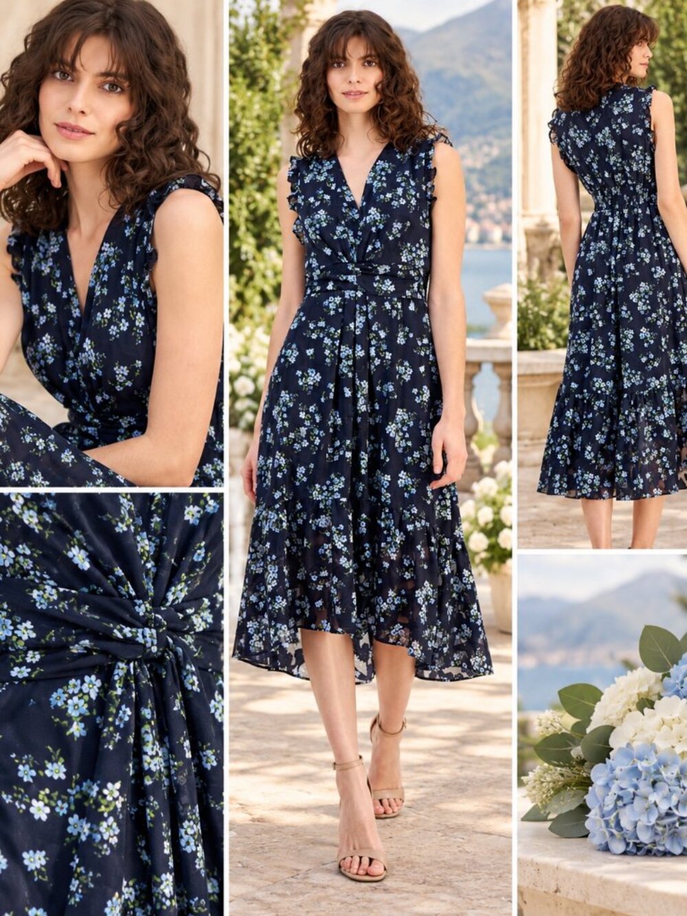 Anne Klein Navy Blue Floral Ruffle Wrap Midi Dress Size 10 NWT